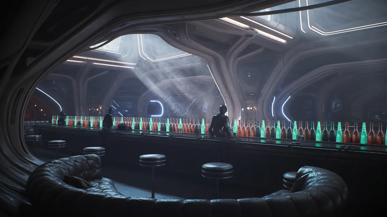 A smoky alien cantina with blue holographic lighting and droid bartenders