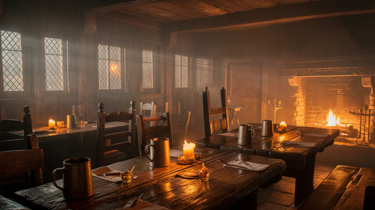 A warm medieval tavern with candlelight, ale mugs, and a roaring fireplace